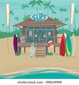Cute little house on piles on the beach where learn to ride a surfboard. Around the sports equipment - Rent surfboard or surfing training concept. Vector illustration