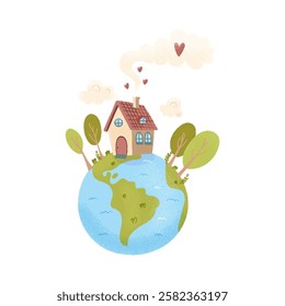  Cute little house on planet earth, ecology, vector illustration.