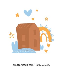 Cute little house, rainbow and flowers. Summer village. Vector print for children room, fabric, paper, greeting card, postcard, card, t shirt, poster, textile. Vector illustration