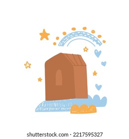Cute little house   rainbow  Summer village  Vector print for children room  fabric  paper  greeting card  postcard  card  t shirt  poster  textile  Vector illustration