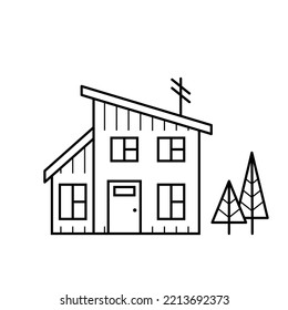 Cute little house and trees. House facade with door, windows, extension and antenna. Village home in doodle line style. Iisolated vector illustration. 