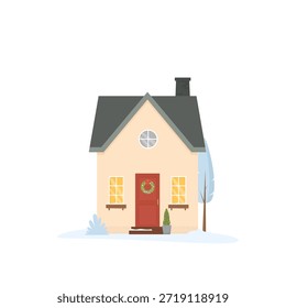 Cute little house in winter. Vector illustration in flat style. Isolated on white background