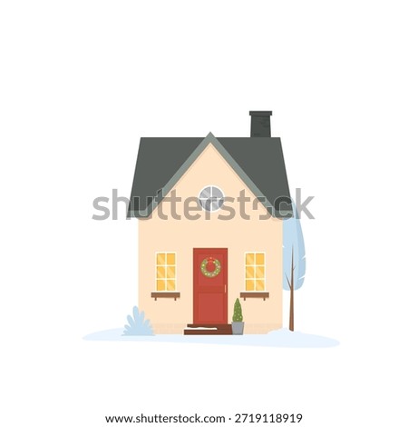 Cute little house in winter. Vector illustration in flat style. Isolated on white background