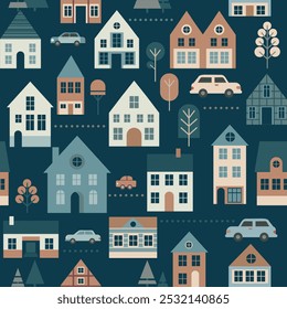 Cute little houses on city street seamless background. Minimal delicate color palette. Scandinavian style. Flat vector illustration