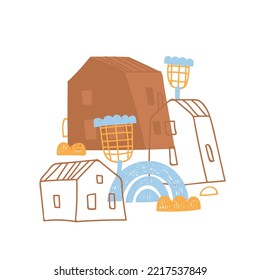 Cute little houses and rainbow, flowers. Summer village. Vector print for children room, fabric, paper, greeting card, postcard, card, t shirt, poster, textile. Vector illustration