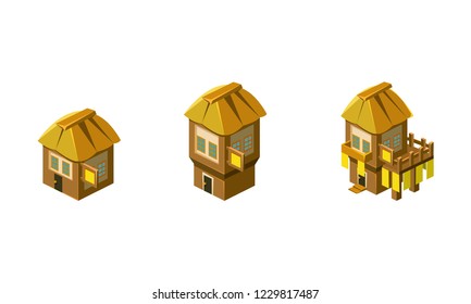 Cute little houses set, city, town or village design element for computer game Interface vector Illustration on a white background