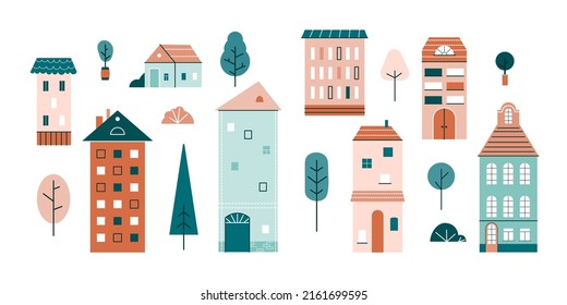 Cute little houses, small buildings, trees and bushes in Scandinavian style. Set of urban homes with windows, roof and chimneys. Color flat vector illustration isolated on white background