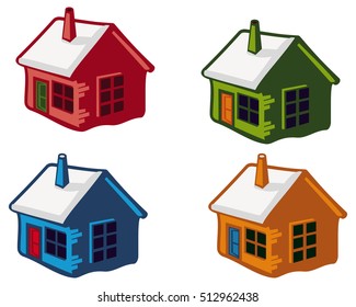 Cute little houses with snowy roofs. Vector clip art.