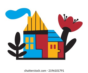 Cute little houses standing among the big plants. Simple buildings with roof and smoke from the chimney. Vector cartoon flat childish illustration