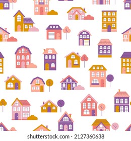 Cute little houses with trees in flat style on white background, vector seamless pattern, design for children, fabric, paper products.