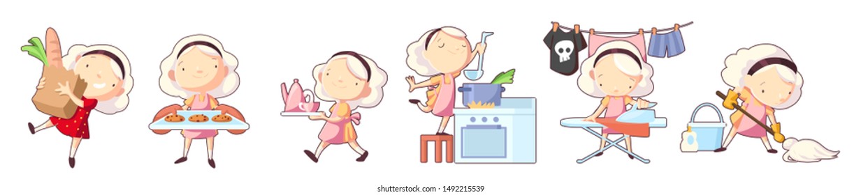 Cute little housewife illustrations. Nice maid vector illustration.