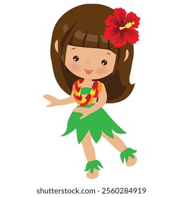 Cute little hula dancer girl  vector cartoon flat style illustration