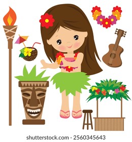 Cute little hula dancer girl  vector cartoon flat style illustration