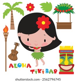 Cute little hula dancer girl  vector cartoon flat style illustration