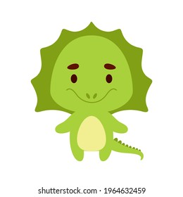 Cute little iguana on white background. Cartoon animal character for kids cards, baby shower, birthday invitation, house interior. Bright colored childish vector illustration.