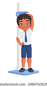 Cute little Indian school boy measuring her height with a stadiometer. Cartoon style vector illustration isolated on white background.