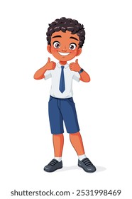 Cute little Indian school boy showing thumbs up. Cartoon vector illustration isolated on white background.