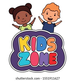 cute little interracial children couple with kids zone lettering vector illustration design