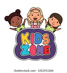 cute little interracial girls with kids zone lettering vector illustration design