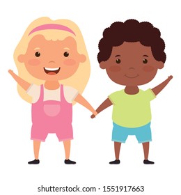 cute little interracial kids couple comic characters vector illustration design