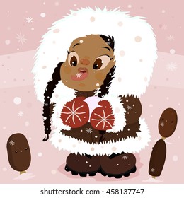 Cute Little Inuit Girl Catching Snow on Tongue Surrounded by Ice Cream Bars