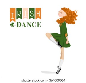 Cute Little Irish Tap-Dancer Girl with curly Red Hair in an Irish Dancing Dress and Soft Shoes celebrating St. Patrick's Day. Vector illustration.