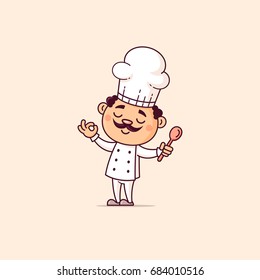 Cute little Italian chef with moustache holding spoon vector illustration