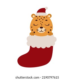 Cute little jaguar in Christmas sock. Cartoon animal character for kids cards, baby shower, invitation, poster, t-shirt composition, house interior. Vector stock illustration.