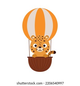 Cute little jaguar flying on hot air balloon. Cartoon animal character for kids t-shirts, nursery decoration, baby shower, greeting card, invitation, house interior. Vector stock illustration