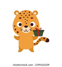 Cute little jaguar with gift box on white background. Cartoon animal character for kids t-shirt, nursery decoration, baby shower, greeting card, invitation, house interior. Vector stock illustration