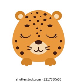 Cute little jaguar head with closed eyes. Cartoon animal character for kids t-shirts, nursery decoration, baby shower, greeting card, invitation, house interior. Vector stock illustration