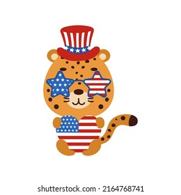 Cute little jaguar holding heart in USA patriotic hat and glasses. Cartoon animal character for kids t-shirt, decoration, baby shower, greeting card, house interior. Vector stock illustration