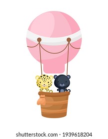 Cute little jaguar, panther fly on pink hot air balloon. Cartoon character for childrens book, album, baby shower, greeting card, party invitation, house interior. Vector stock illustration.