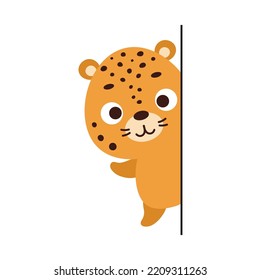 Cute little jaguar peeking around corner on white background. Cartoon animal character for kids t-shirt, nursery decoration, baby shower, greeting card, house interior. Vector stock illustration
