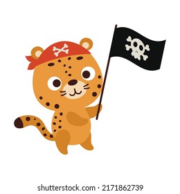 Cute little jaguar with pirate flag. Cartoon animal character for kids t-shirts, nursery decoration, baby shower, greeting card, invitation, house interior. Vector stock illustration