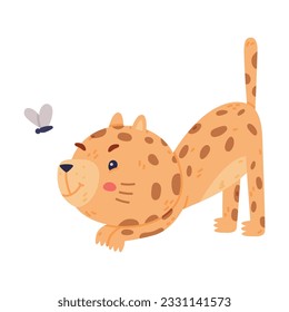 Cute Little Jaguar with Spotted Fur Catching Fly Vector Illustration
