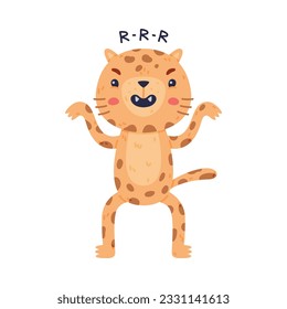 Cute Little Jaguar with Spotted Fur Standing and Roaring Vector Illustration