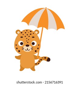 Cute little jaguar with umbrella. Cartoon animal character for kids t-shirts, nursery decoration, baby shower, greeting card, invitation, house interior. Vector stock illustration