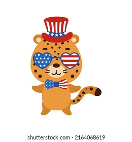 Cute little jaguar in USA patriotic hat and glasses. Cartoon animal character for kids t-shirt, decoration, baby shower, greeting card, invitation, house interior. Vector stock illustration