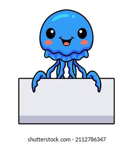 Cute little jellyfish cartoon with blank sign