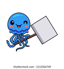 Cute little jellyfish cartoon with blank plank sign