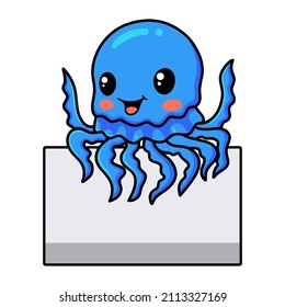 Cute little jellyfish cartoon with blank sign