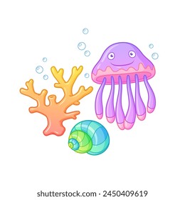 Cute little jellyfish with a coral and a seashell. Cartoon style vector illustration isolated on white background.