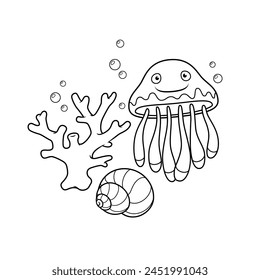 Cute little jellyfish with a coral and a seashell. Vector black and white illustration for coloring book page.