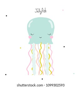 Cute little jellyfish. Kids graphic. Vector hand drawn illustration.