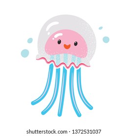 Cute little jellyfish smiling. Beautiful and kawaii blue-pink jellyfish swims. Flat hand drawn illustration kid's poster. Cartoon animal character set. T-shirt print, wear, celebration greeting card.