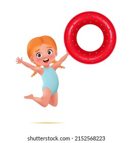 Cute Little jumping girl in Swimsuit with Inflatable circle. Vector illustration in cartoon 3D style