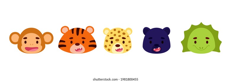 Cute little jungle animals heads set. Collection funny animals characters for kids cards, baby shower, birthday invitation, house interior. Bright colored childish vector illustration.