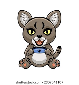 Cute little jungle cat cartoon holding food bowl