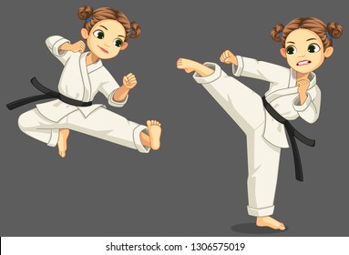 Cute little karate girl in karate pose vector illustration